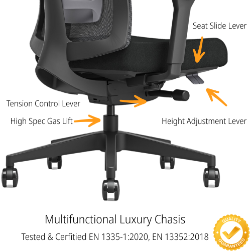 Zoomed in view black mesh ergonomic office chair illustrating the seat slide lever, the high spec gas lift, the tension control lever and the height adjustabment lever. Tested & Certified Standards Displayed